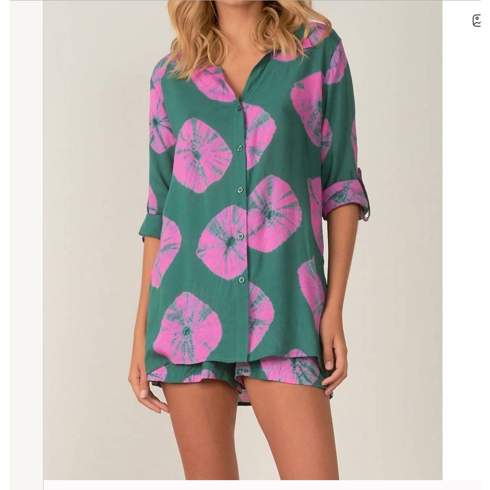 Elan Sand Dollar Teal Pink Button Up Tunic Shirt Womens XS Rayon Roll Tab Sleeve